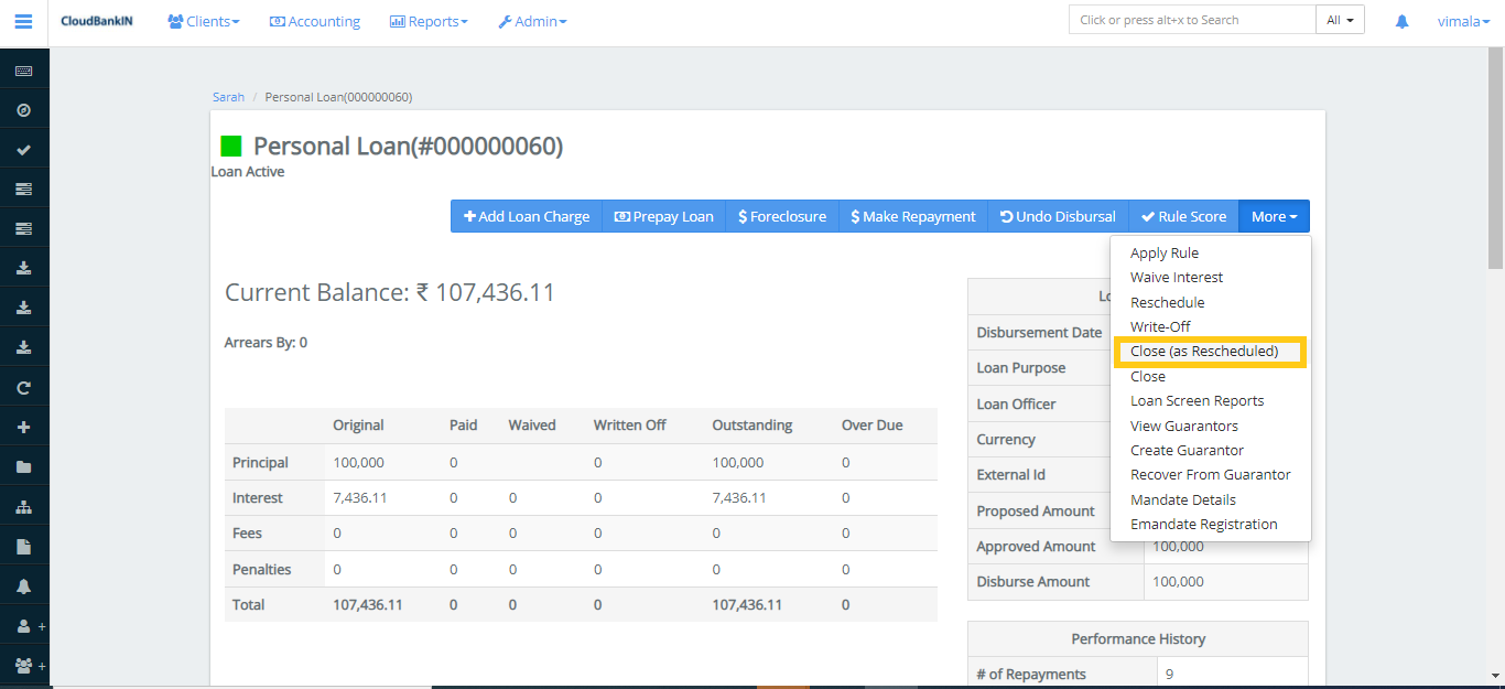 Create Loan - Close as Rescheduled