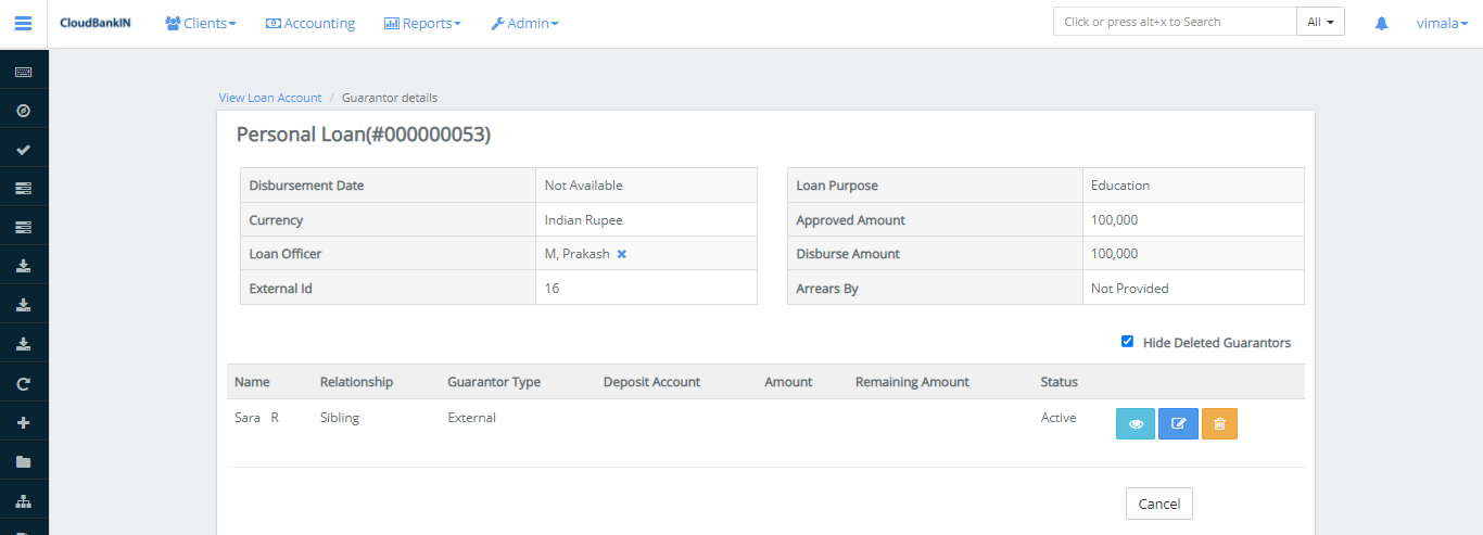 Create Loan - View Guarantor Details