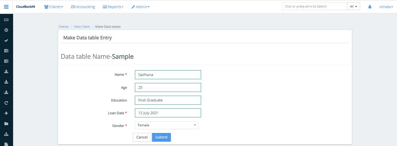 Manage Data Table - Entry