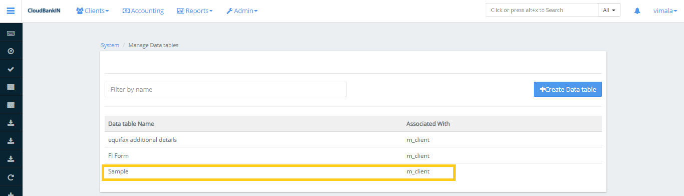 Manage Data Table - List