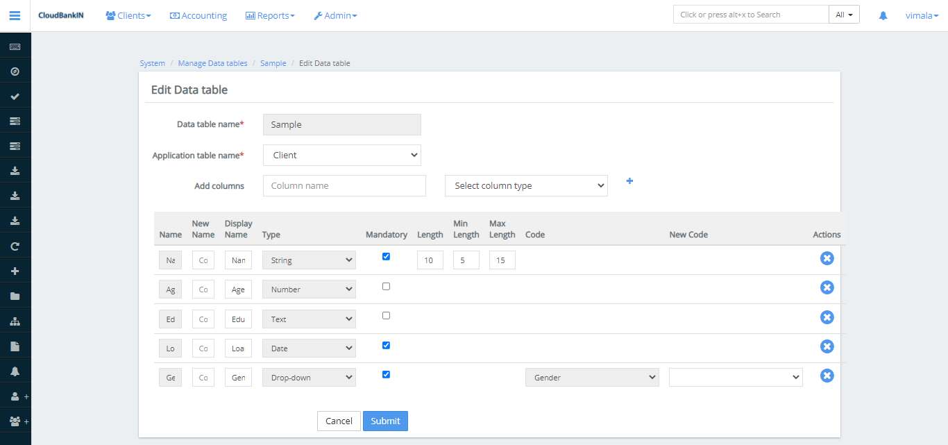 Manage Data Tables - Edit Data Table